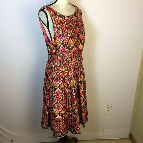 Muse Fit & Flare Dres Size 12 Woman Pink Yellow Abstract Sleeveless Belted Retro - Picture 2 of 14